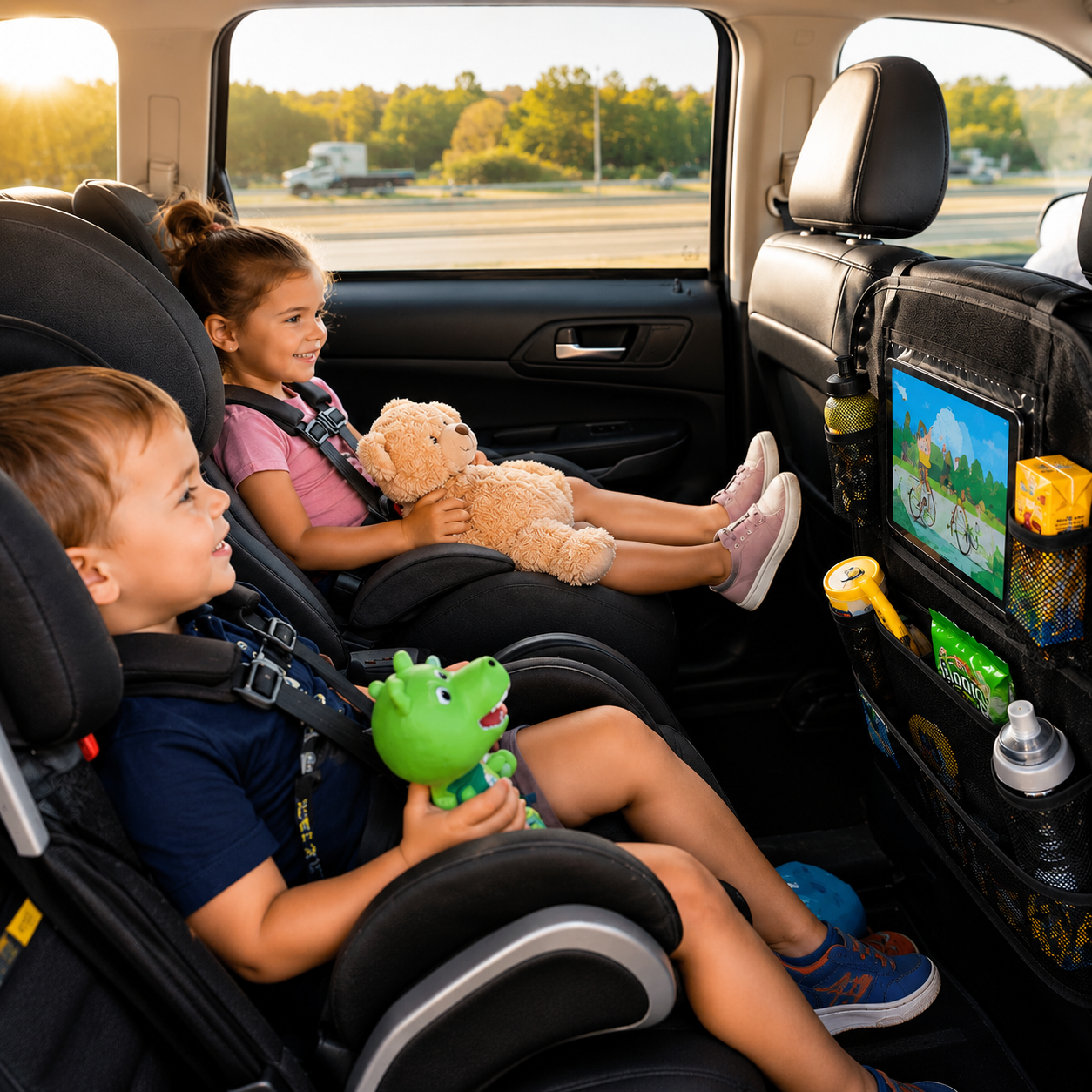 Car Seat Back Organizer for Moms — Touchscreen Tablet Holder, 15 Pockets, Kick Protection