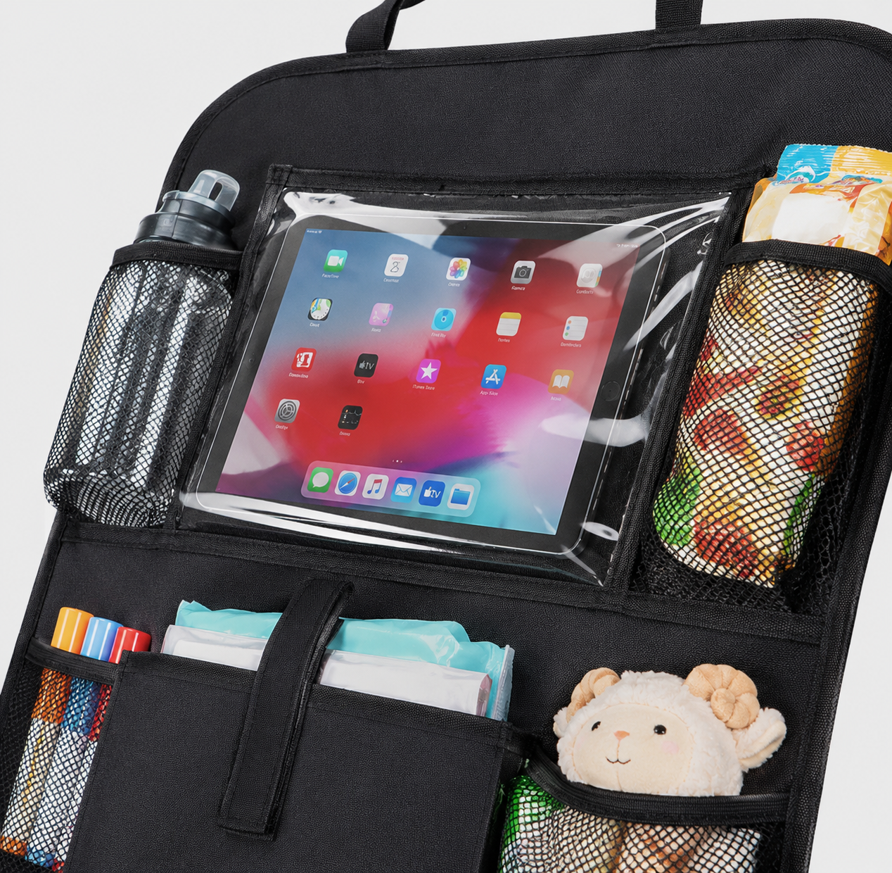 Car Seat Back Organizer for Moms — Touchscreen Tablet Holder, 15 Pockets, Kick Protection