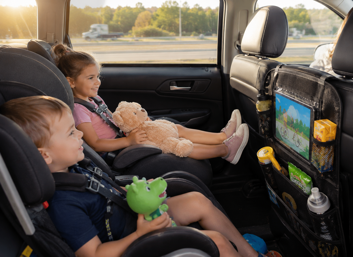 Car Seat Back Organizer for Moms — Touchscreen Tablet Holder, 15 Pockets, Kick Protection