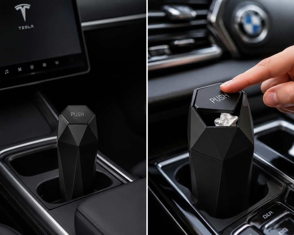 Car Trash Can with Lid — Compact Diamond Design, Fits Cup Holder