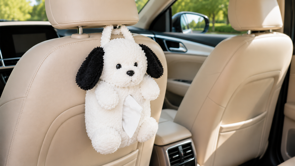Cute Plush Car Tissue Holder — Hanging Headrest Organizer