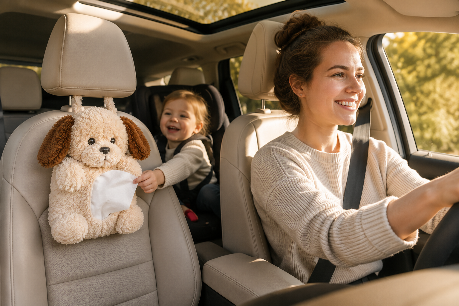 Cute Plush Car Tissue Holder — Hanging Headrest Organizer
