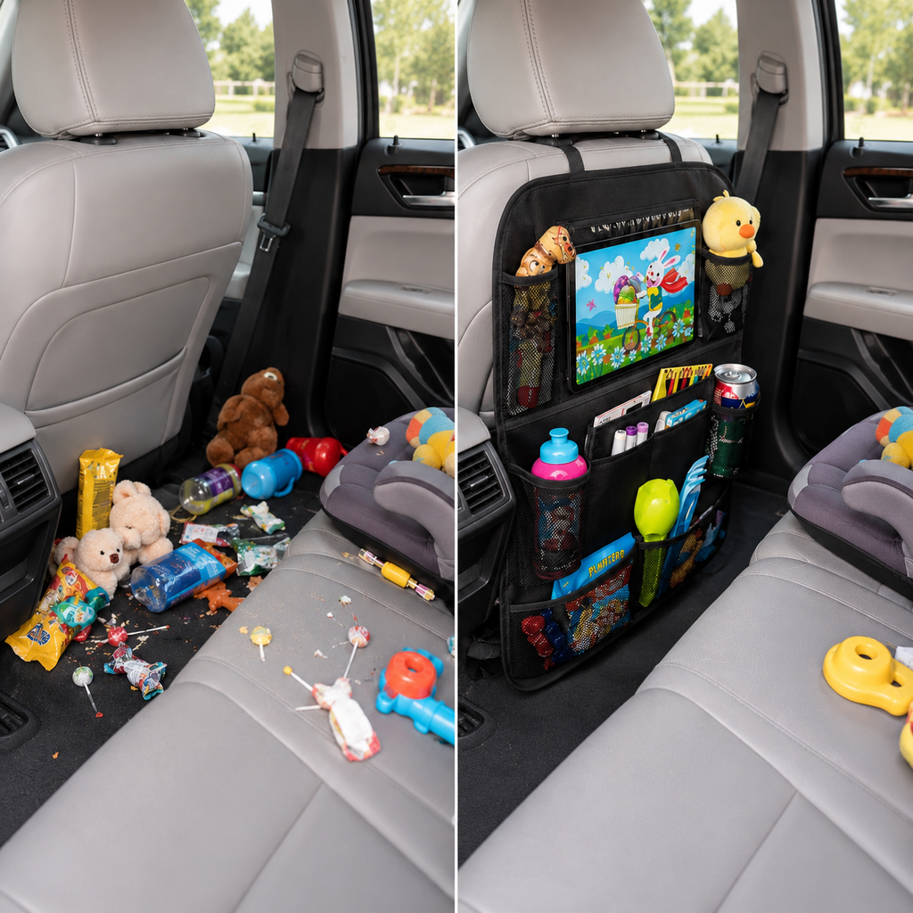 Car Seat Back Organizer for Moms — Touchscreen Tablet Holder, 15 Pockets, Kick Protection