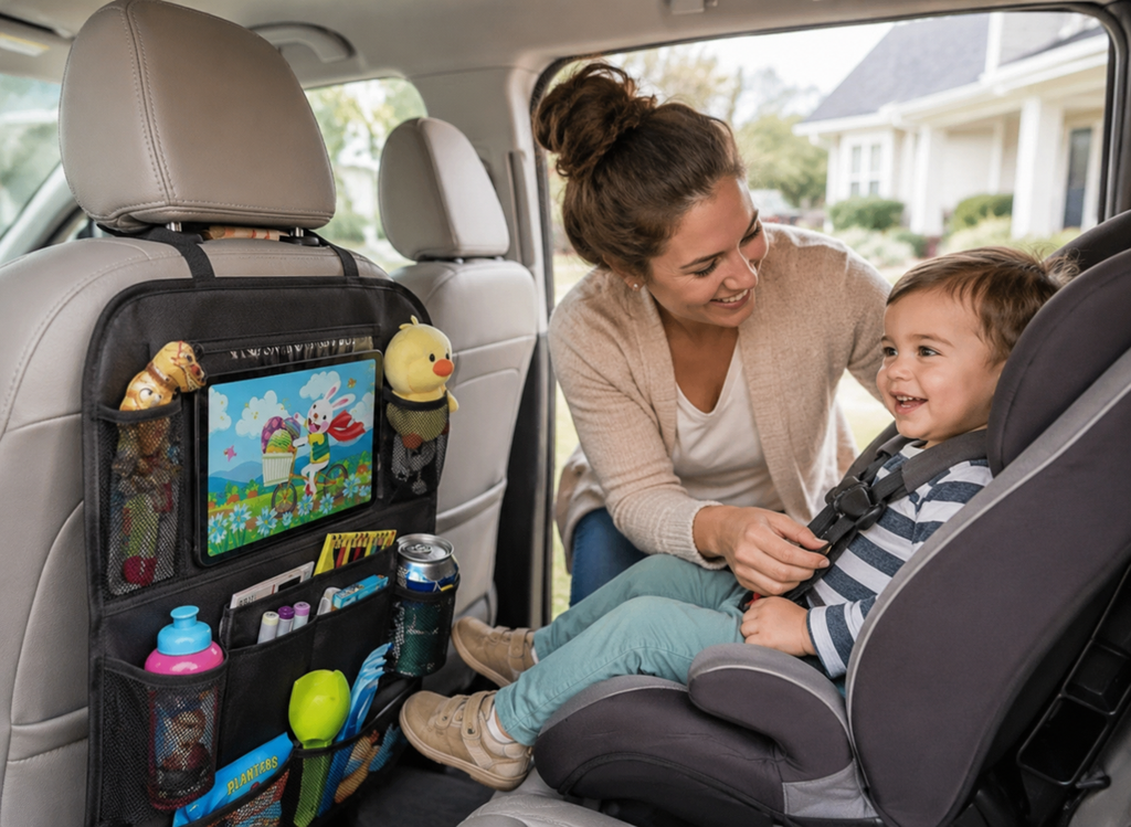 Car Seat Back Organizer for Moms — Touchscreen Tablet Holder, 15 Pockets, Kick Protection
