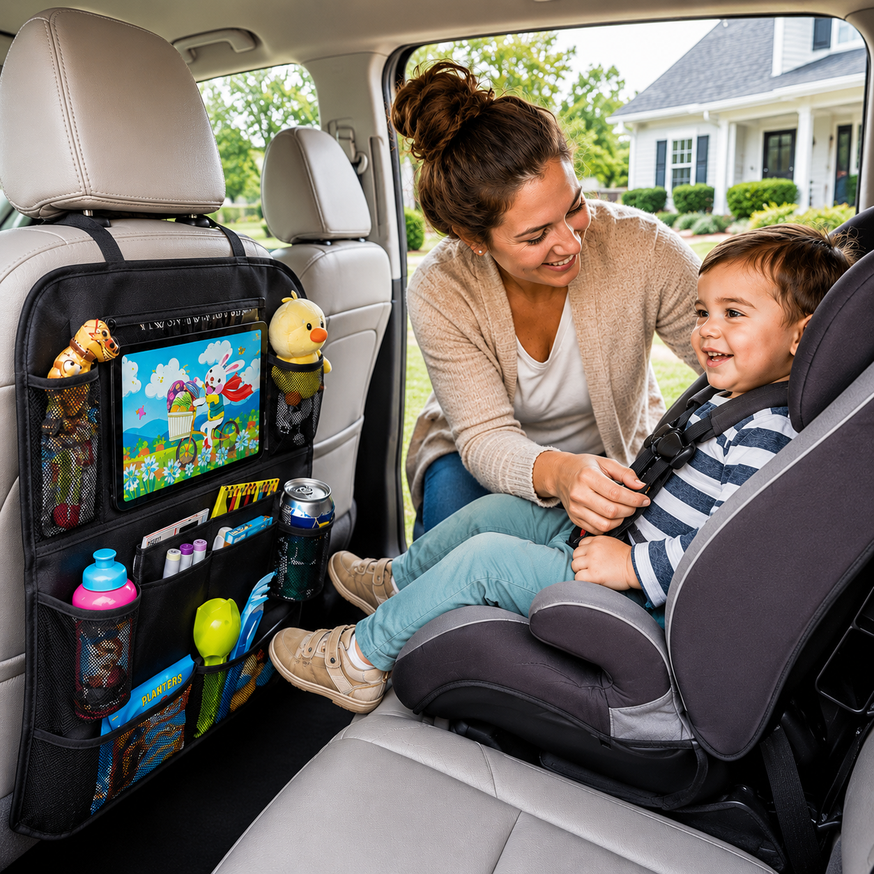 Car Seat Back Organizer for Moms — Touchscreen Tablet Holder, 15 Pockets, Kick Protection