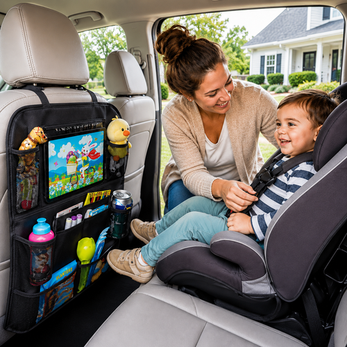 Car Seat Back Organizer for Moms — Touchscreen Tablet Holder, 15 Pockets, Kick Protection
